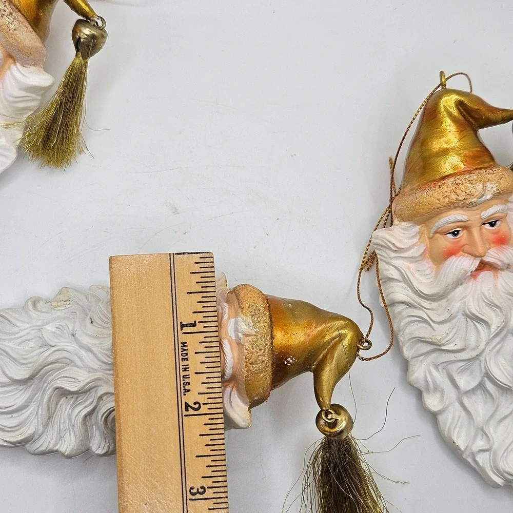 Set of 3 Vintage Santa Face Christmas Ornaments‎ Gold Hat Tassel Holiday Decor